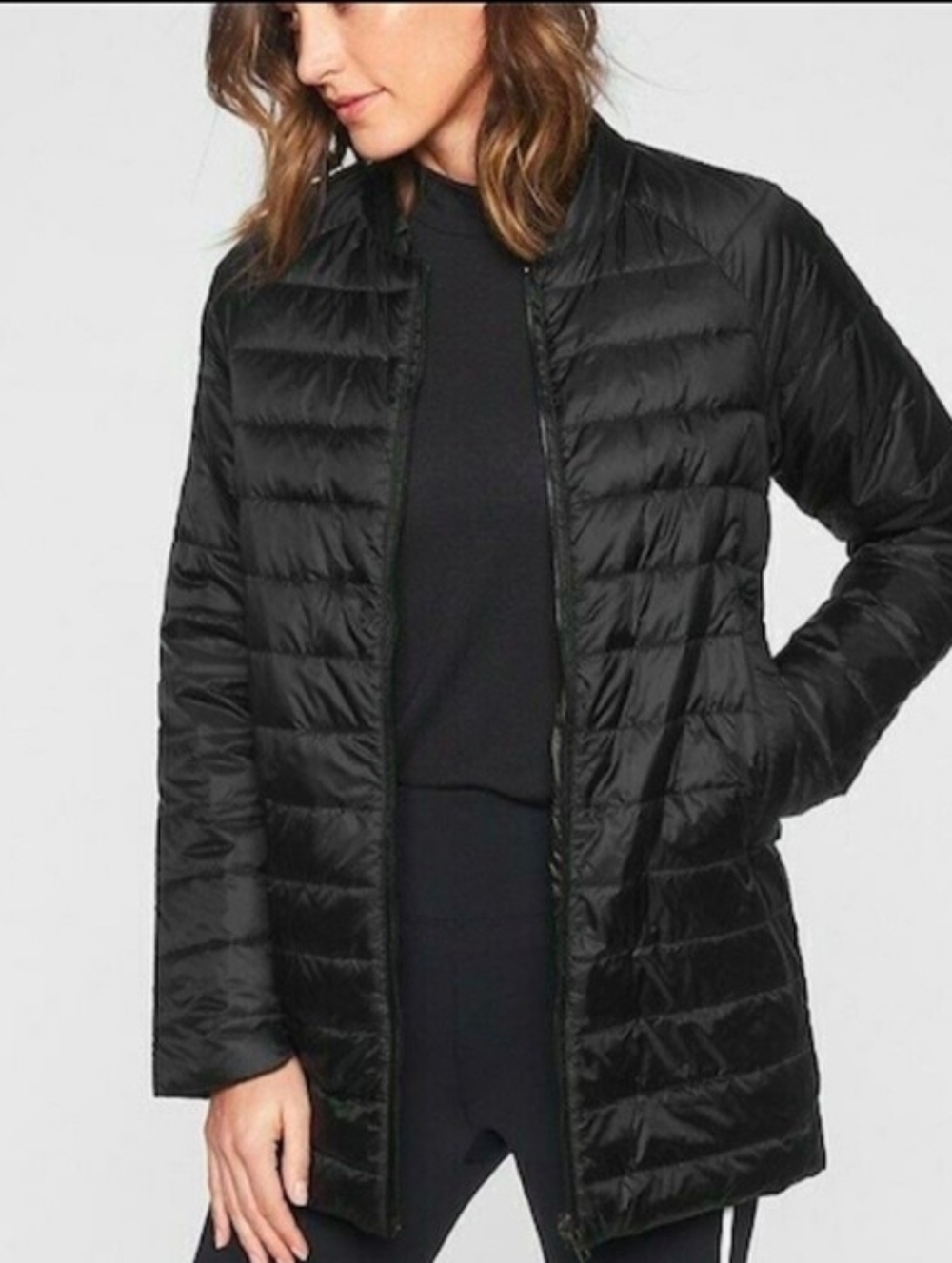 WOMENS ATHLETA REVERSAWARM DOWN COAT IN BLACK/ARBOR OLIVE SIZE large